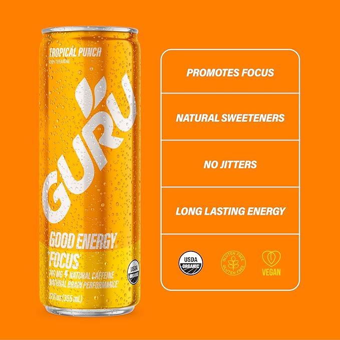 GURU Tropical Punch Organic Energy Drinks, Clean Energy Drink with Plant Based Natural Caffeine from Green Tea + L Theanine, Gluten Free and Vegan, 140MG Caffeine, Healthy Drinks, 12oz (Pack of 24)