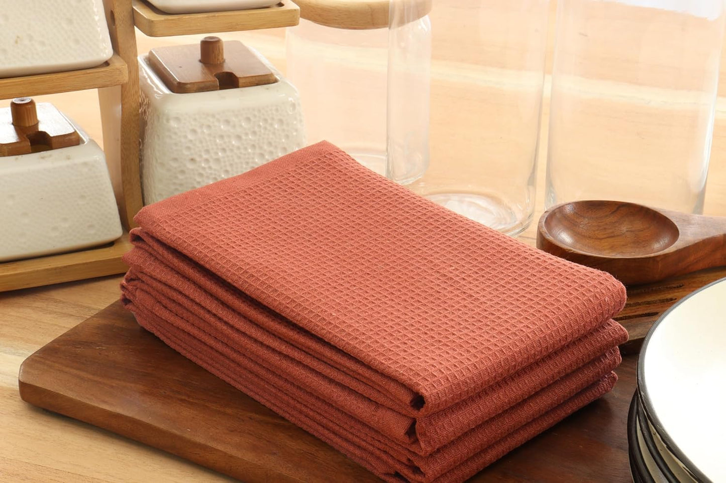 PurpleEssences Rust Waffle Weave Kitchen Towel, 100% Cotton - 15 x 25 Inches, with Hanging Loop Ultra Soft Absorbent Quick Drying Dish Cloth, Tea and Hand Towels, 4 Pack - Spring Summer - Rust