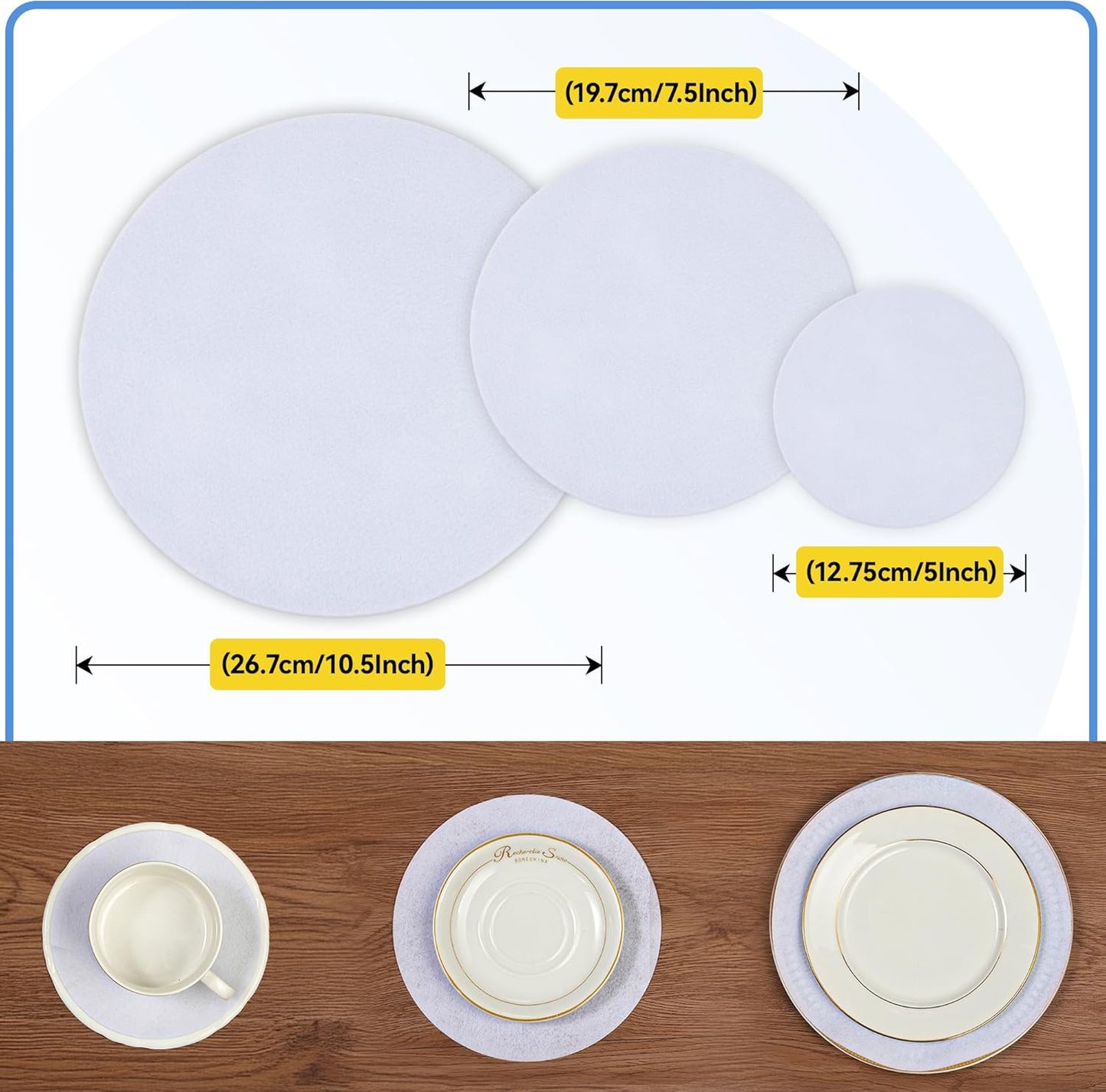 Imncya Plate China Storage Dividers, 150-Piece with 3 Different Sizes, Thick and Premium Soft Felt Plate Dividers for China, Dish, Coffee Saucers Protecting and Stacking - White