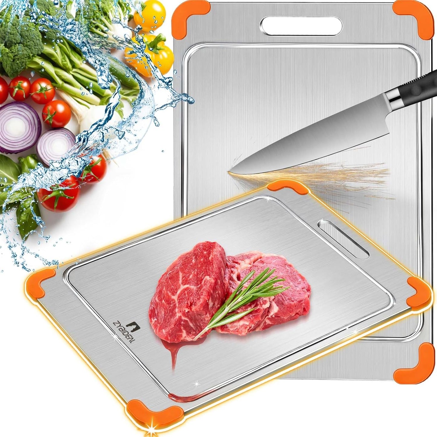 100% Pure Titanium Cutting Board with Grooves, Update Double Side Titanium Chopping Board, Silicone Anti-slip Stainless Cutting Boards for Kitchen 10 * 14 IN, Orange