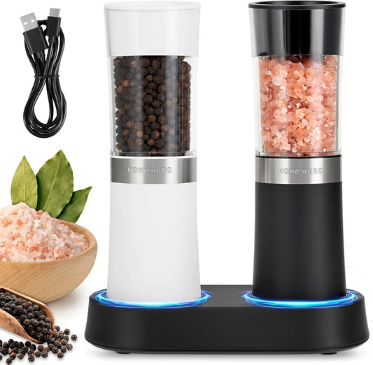 Home Hero Electric Salt and Pepper Grinder Set - Automatic Salt and Pepper Grinder Set Rechargeable. Electronic Salt and Pepper Shakers with LED Light, Gravity Electric Pepper & Salt Grinder, Set of 2