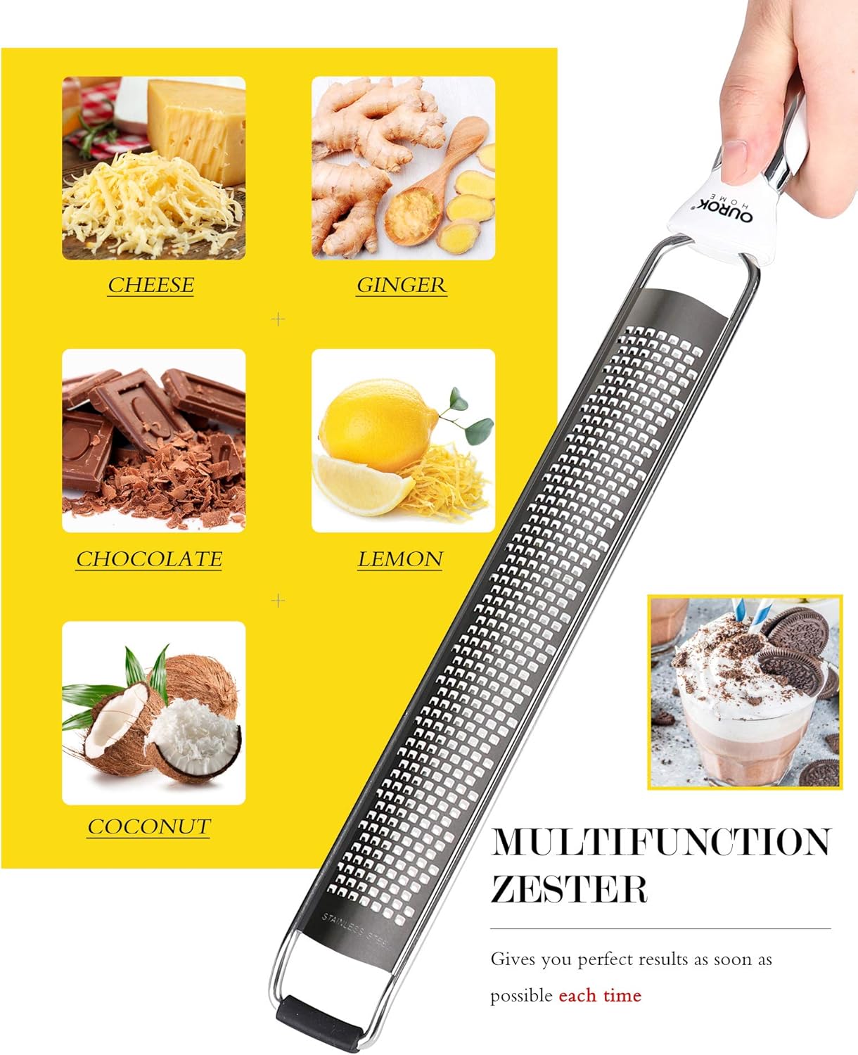 Ourokhome Kitchen Lemon Zester, Stainless Steel Hand Held Parmesan Cheese Grater for Ginger, Chocolate, Coconut, Lime, Nutmeg, Citrus, Fruit, Vegetable with Cleaning Brush, Dishwasher safe, White
