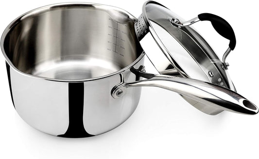 AVACRAFT Tri-Ply Stainless Steel Saucepan with Glass Strainer Lid, Two Side Spouts, Multipurpose Sauce Pan with Lid, Sauce Pot, Cooking Pot (Tri-Ply Full Body, 3.5 Quart)