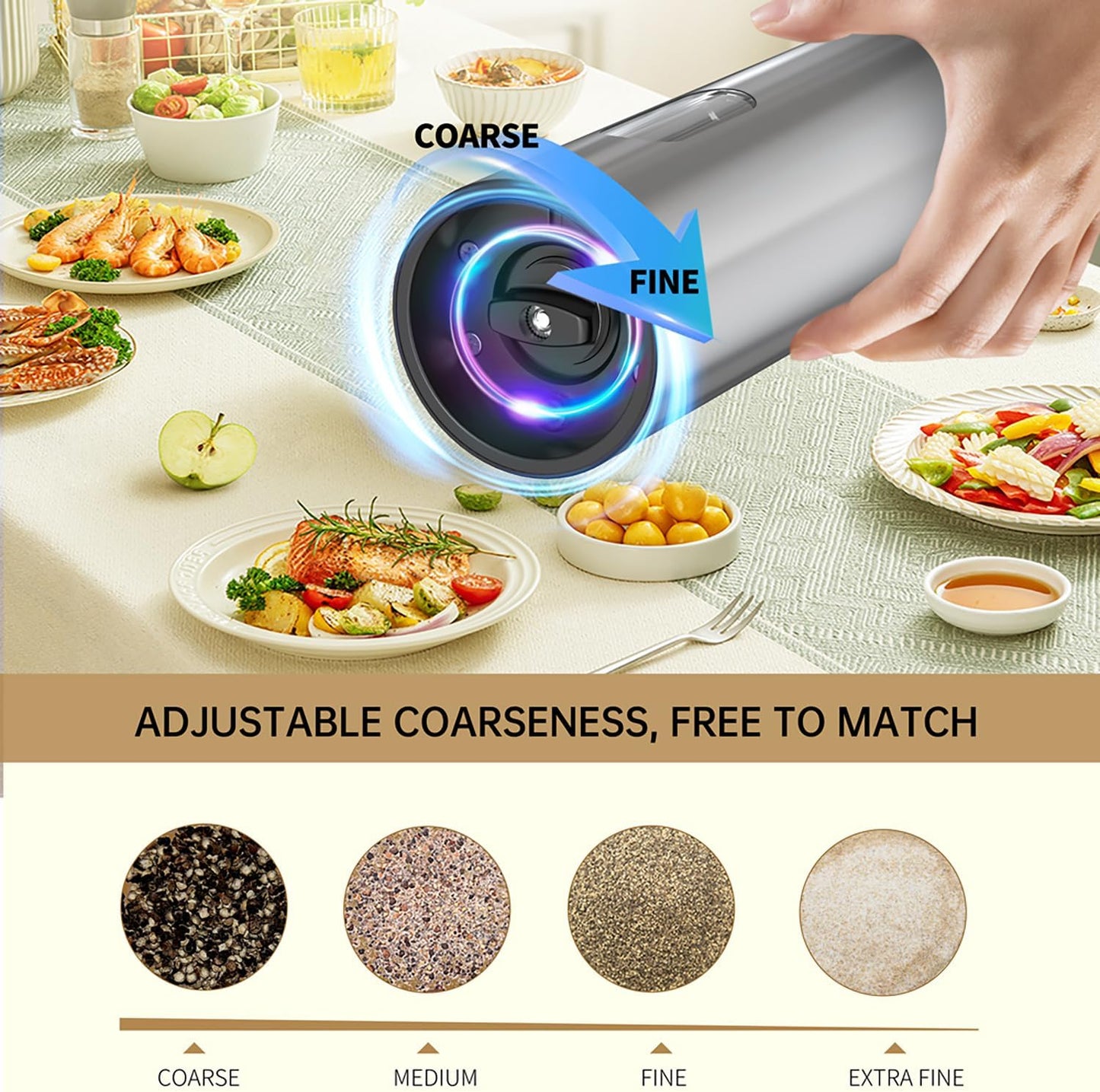 Electric Salt and Pepper Grinder Set with Charging Base，Stainless Steel Automatic Pepper Grinder Set Top-Refill, Flexible Coarsenes, 110ml Larger Capacity with LED Light for Home Kitchen (2 pack)