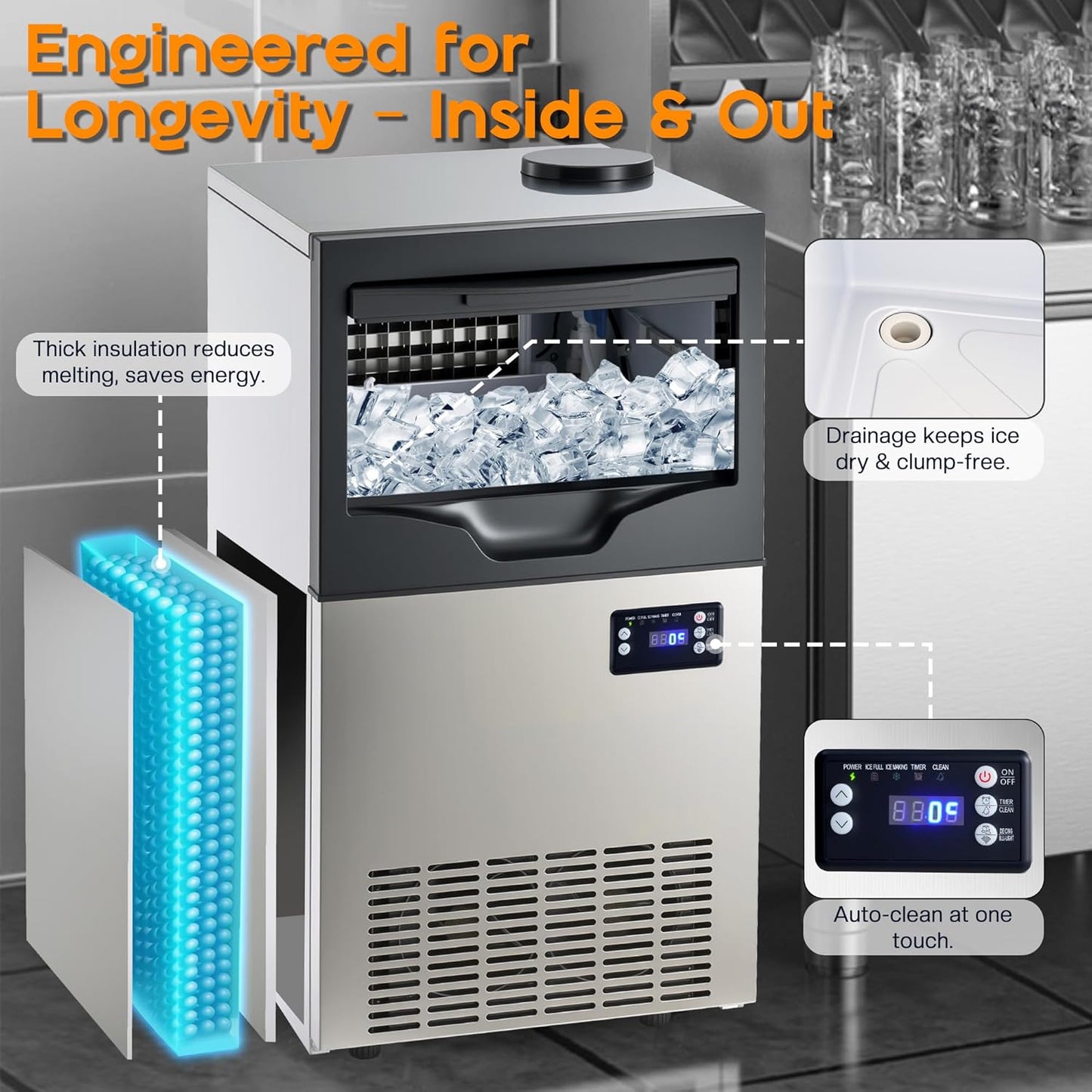 Albott Commercial Ice Maker with 2 Way Water Inlet, 150lbs/24H Freestanding ice Machine Countertop with 24lbs Storage Capacity, Self Cleaning for Home/Bar/Restaurant