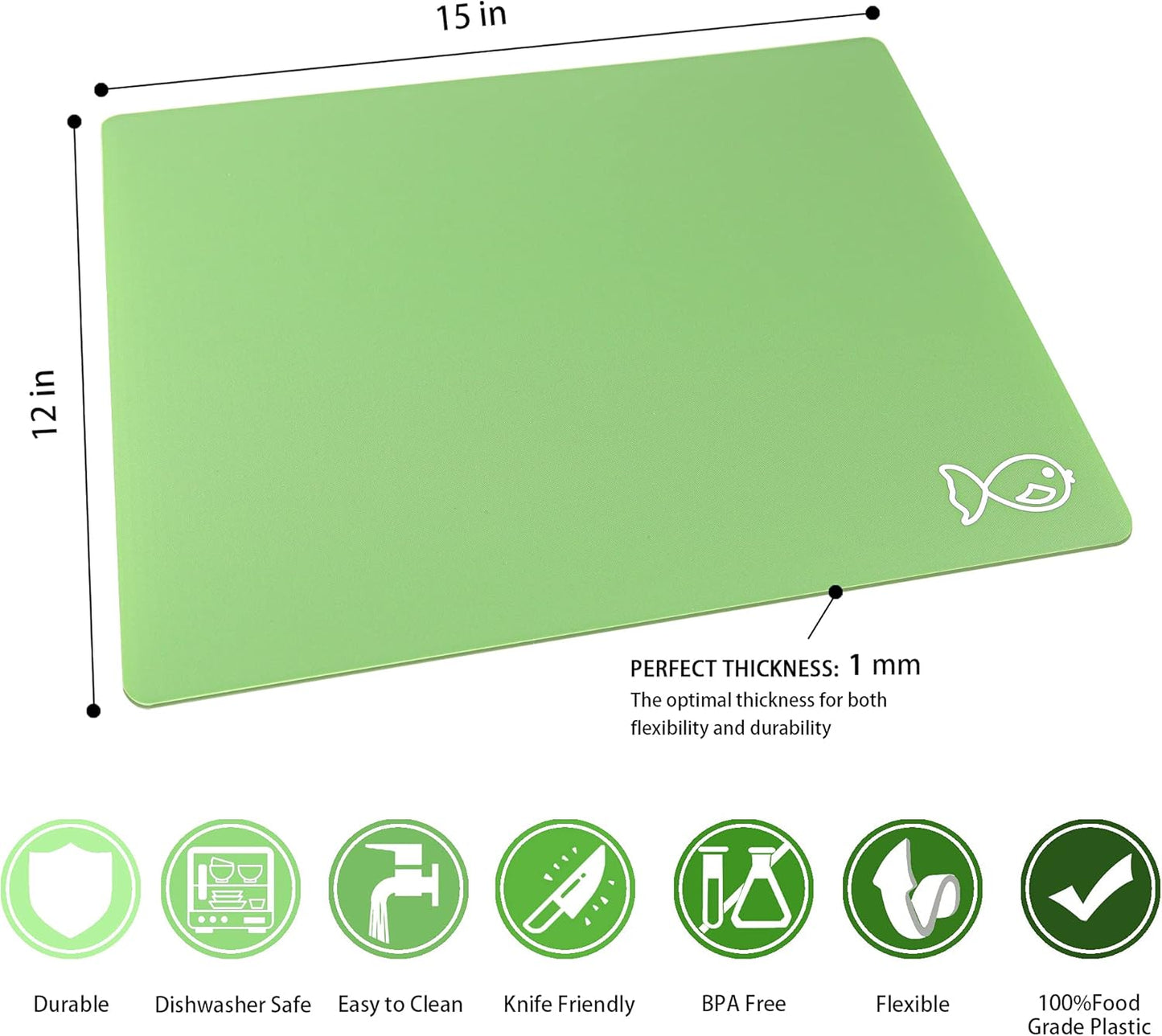 ZVP Plastic Cutting Boards for Kitchen, Flexible Cutting Mats, Gradient Green Chopping Boards with Food Icon, Non-Slip, Non Porous, BPA Free, Dishwasher Safe
