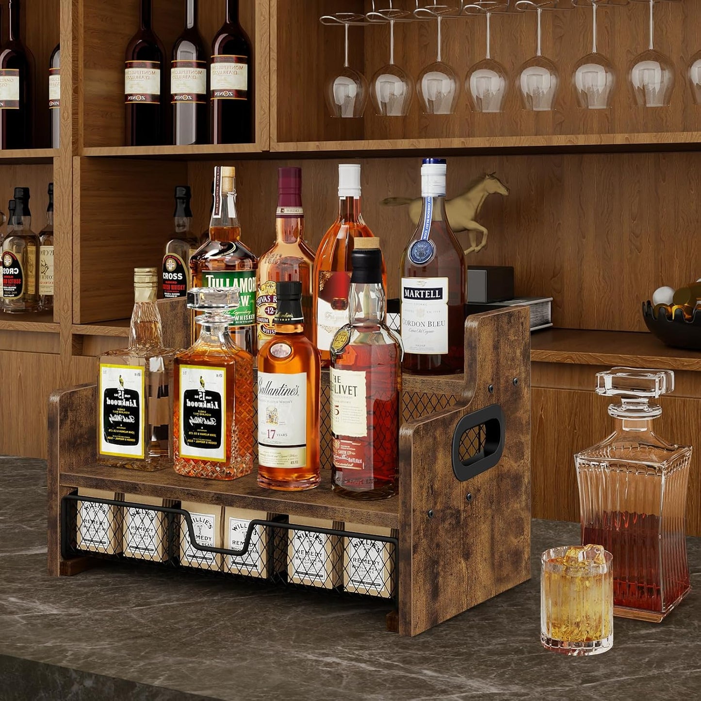 Homode Coffee Syrup Rack Organizer, 3-Tier 8 Bottles Syrup Holder Stand with 35 K Cup Storage Basket Drawer for Coffee Bar, Wood Liquor Shelf Wine Rack Countertop for Home, Rustic Brown