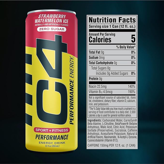 C4 Energy Drink 12oz (Pack of 12) - Strawberry Watermelon Ice - Sugar Free Pre Workout Performance Drink with No Artificial Colors or Dyes