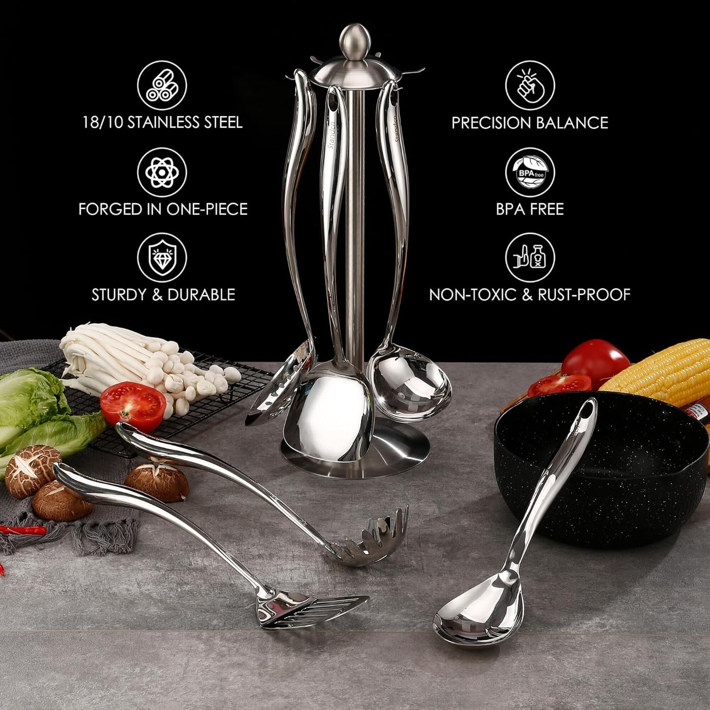 18/10 Stainless Steel Cooking Utensils Set with Holder, 7-Pieces All Metal Kitchen Utensils, 15’’ Long Kitchen Tools with Countertop Rotating Stand, Spatula, Ladle, Skimmer, Tunner, Pasta, Large Spoon