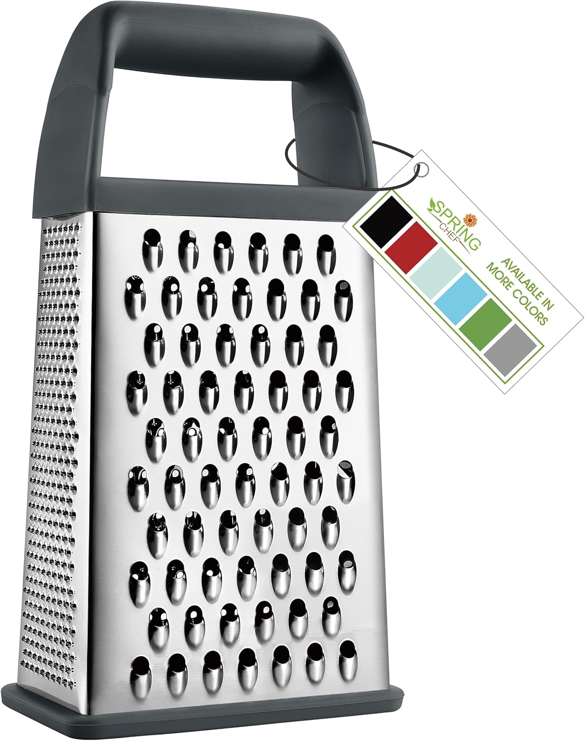 Spring Chef Professional Gray 10" Stainless Steel Parmesan Cheese Grater with Handle, 4 Sided Handheld Box Grater, Kitchen Carrot Shredder for Potato, Cheese, Ginger, Vegetables, Hashbrown