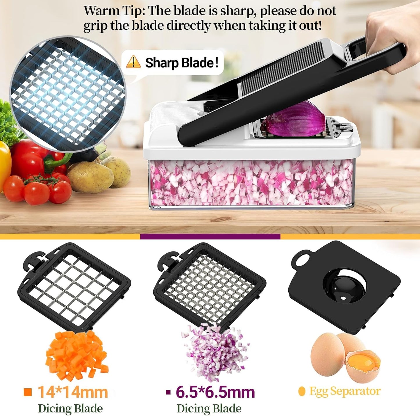 12-in-1 Vegetable Chopper, 7 Blades Veggie Chopper with Container and Lid, Dicer, Slicer, Multifunctional Kitchen Gadgets, Vegetable Cutter with Handle, Onion Cutter(Black/White)