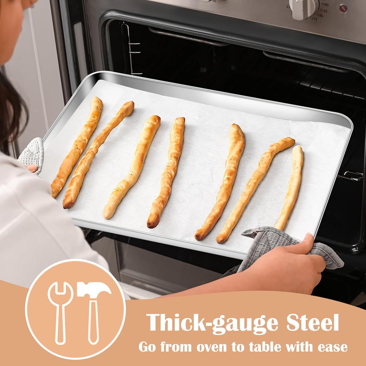 E-far Baking Sheets Set of 2, 16” x12” Stainless Steel Cookie Sheets Pans for Oven, Non-toxic Metal Trays for Baking Cake Cookie, Healthy & Rust Free, Mirror Finish & Dishwasher Safe