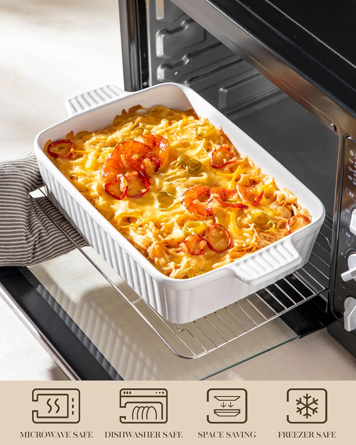 MALACASA 4.4 QT Baking Dish, 9x13 Large Casserole Dish for Oven, Ceramic Baking Pan, Rectangular Lasagna Pan Deep with Handles for Baking, Durable Microwave Oven Safe, Wedding Gift,White, Series BAKE-BAKE