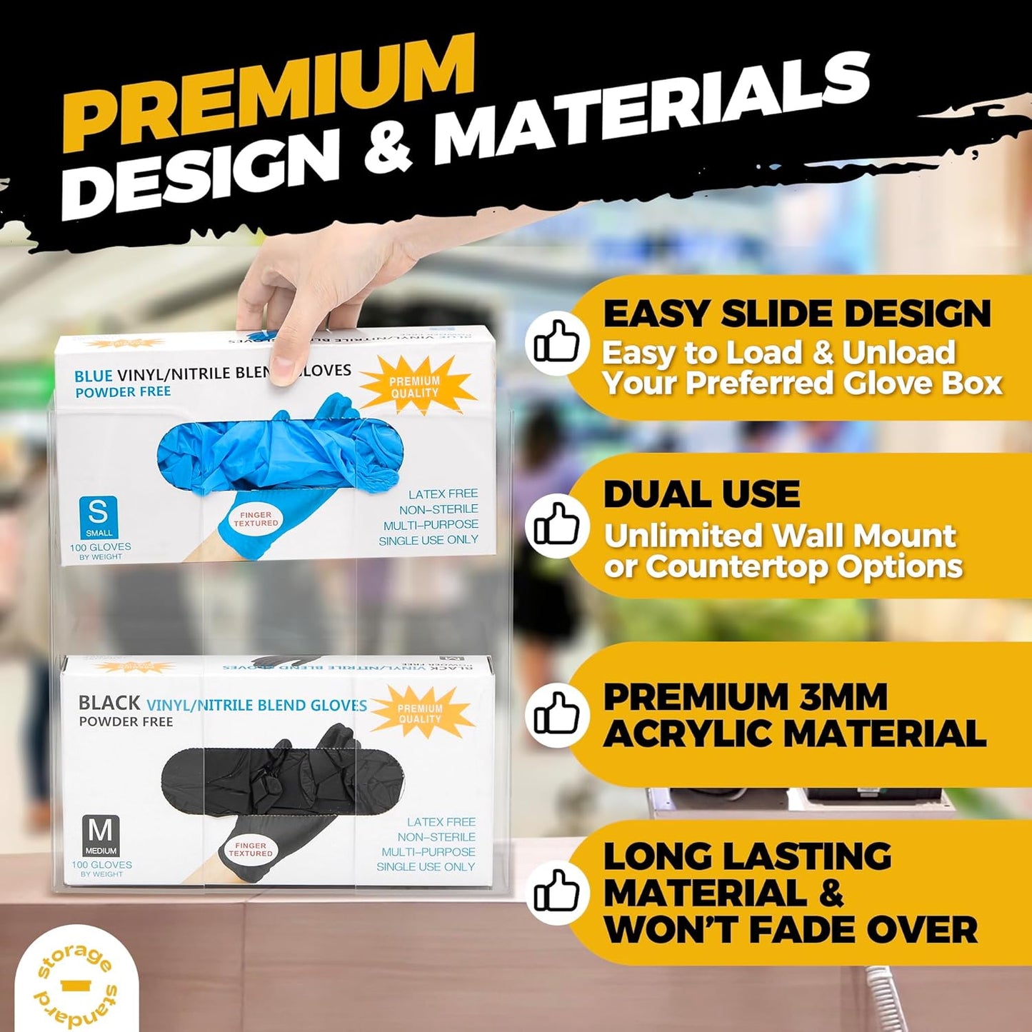 Storage Standard Double Glove Box Holder Dispenser - Kitchen, Medical, & Latex Gloves Holder Wall Mount or Countertop, Universal Fit - Thick Acrylic, Easy to Use, Slide, & Load Open Top Design - Clear