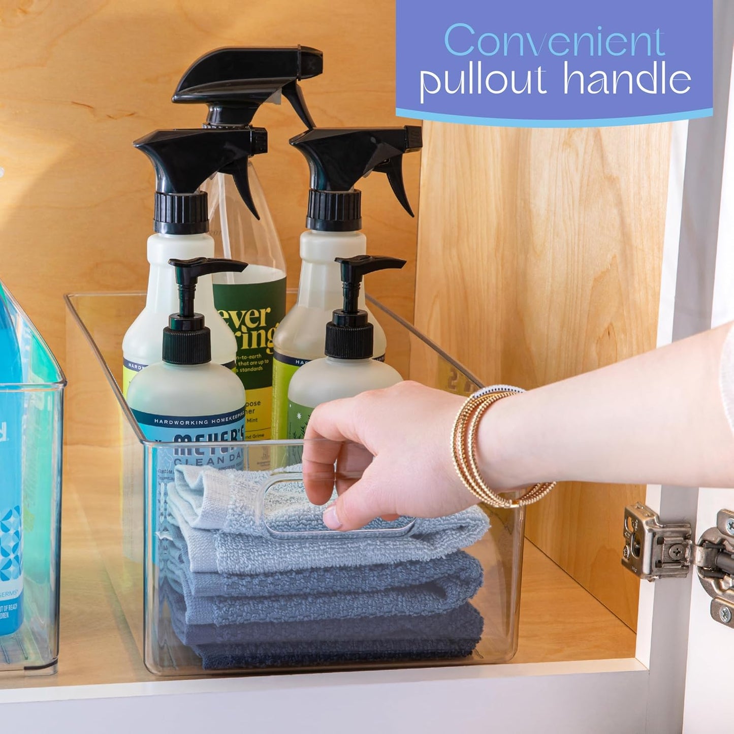 Plastic Food Storage 4 Pack Clear Container Bin with Handles for Organizing Kitchen, Pantry, Refrigerator, Freezer, Pantry, Cabinet, Closet, Bathroom. 16”x8”x5”