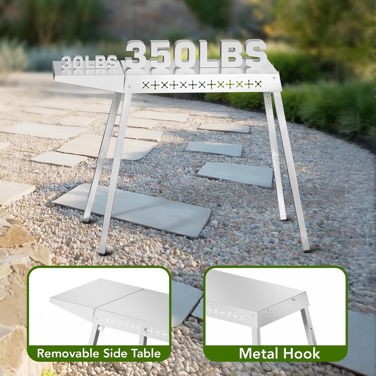 Food Grade 304 Stainless Steel BBQ Grill Table fits Tabletop Griddle, Outdoor Grill Table with 4 Foldable Legs, Portable Grill Stand for RV, Camping, Tailgating