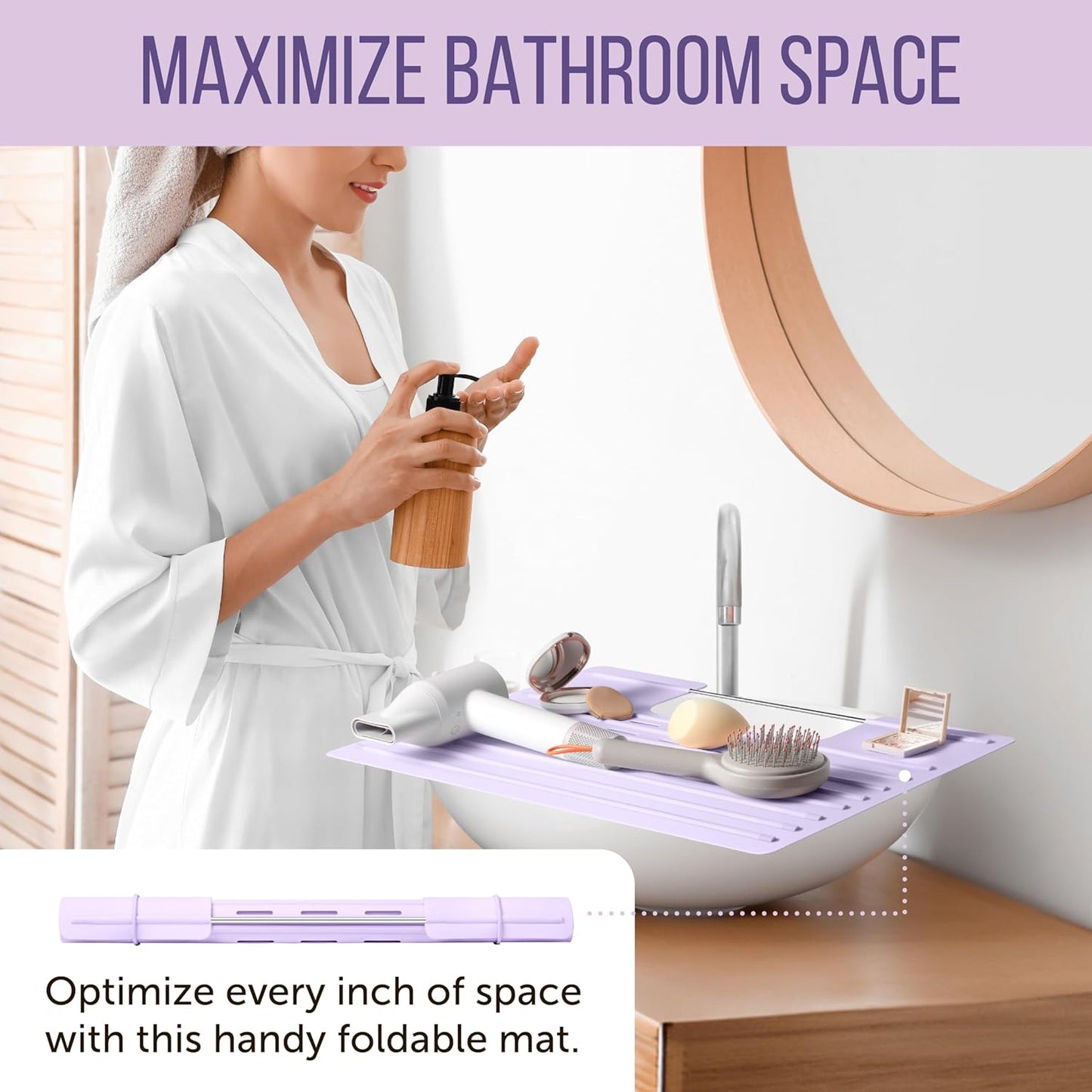 Maplefield Bathroom Sink Cover for Counter Space, Heat Resistant Silicone Sink Mat for Your Beauty Routine, Small Bathroom Space Saver Sink Cover for Makeup (Lavender Large, 22 x 2 x 2 Inches)