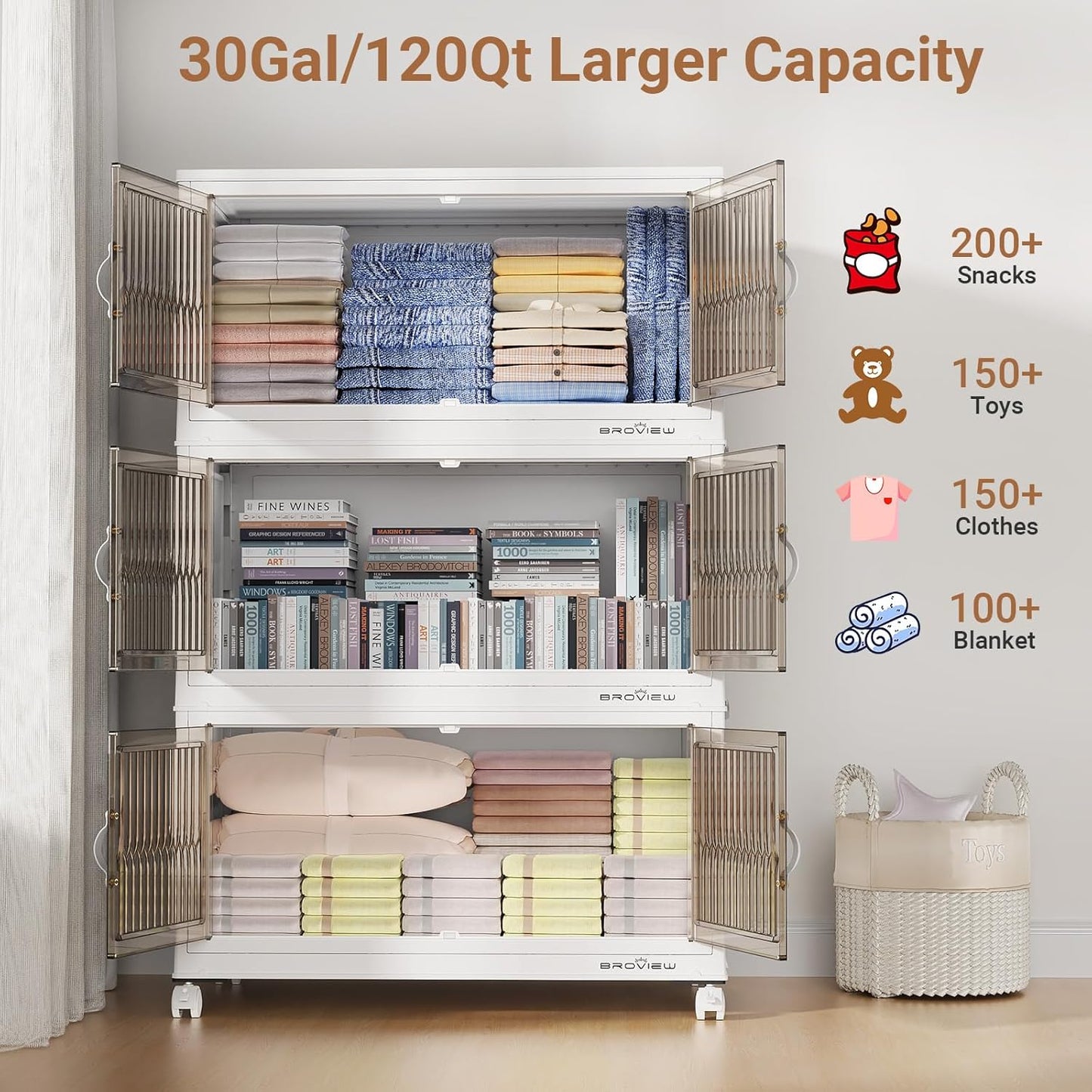 480Qt Stackable Storage Bins with Lid, Extra Large Closet Organizer Collapsible Drawer Boxes with Wheels, Folding Plastic Cabinet Containers for Home Kitchen Room Organization, 4Pack White