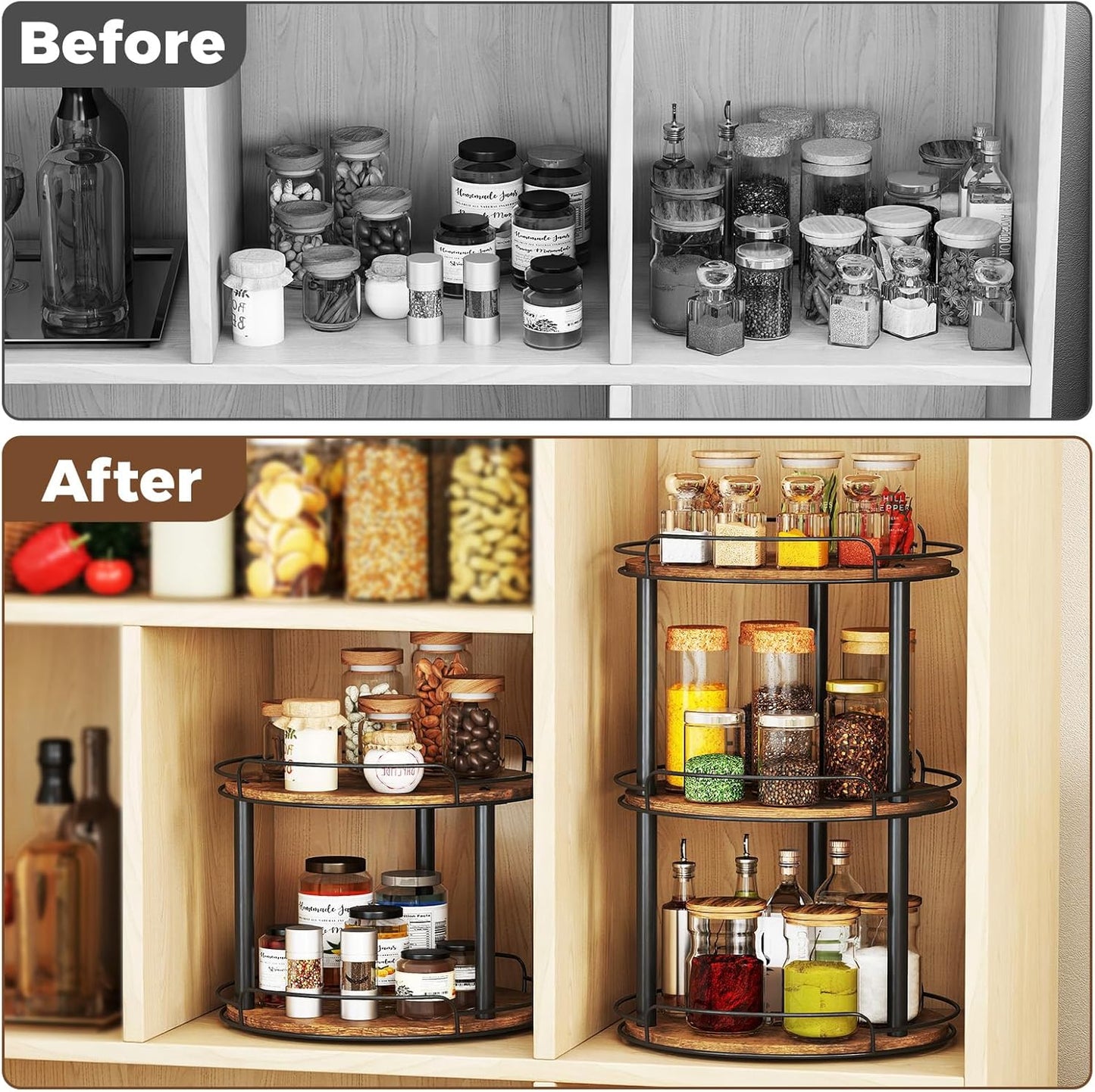 LAMU 12.2'' Wood Lazy Susan Turntable Organizer for Cabinet, 3 Tier Lazy Susan Spice Rack Organizer for Kitchen, Table Top, Countertop, Pantry, Bathroom