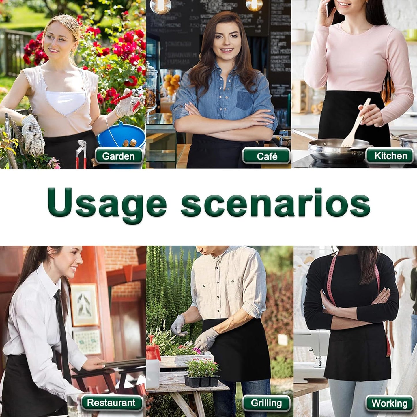 4 Pack Short Server Waitress Chef Apron, Black Waist Aprons with 3 Pockets for Women Men, Half Apron for Waiter Cooking Dishwashing Cleaning Painting Gardening Barbecue (Polycotton - Black)