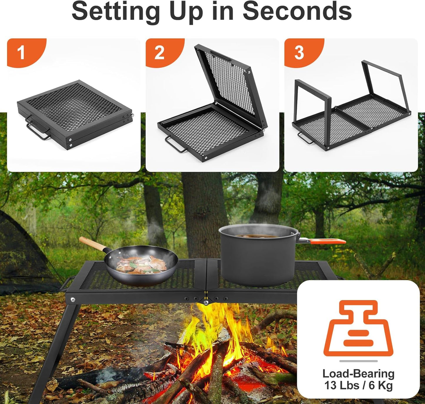 Odoland Folding Campfire Grill, Heavy Duty Steel Mesh Grate with Folding Legs and Storage Bag, Portable Camping Grates, Over Fire Pit Grill Rack for Outdoor Cooking and Bonfire