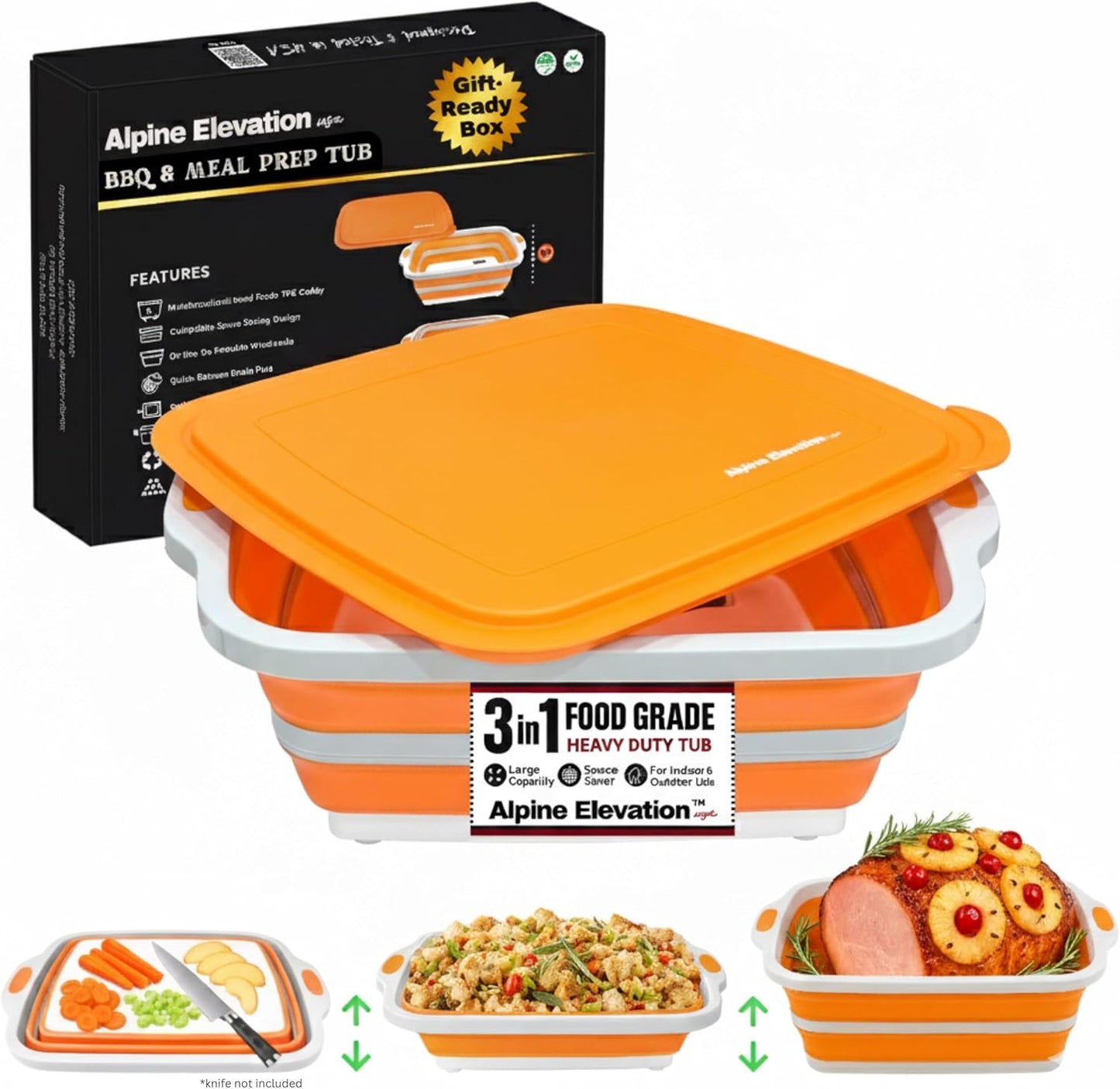 Collapsible Large (8L) BBQ Marinating Tub w/Cutting Board | Multipurpose Food-Grade TPE Prep Tub w/Lid | Built-in Colander & Drain Plug - for Camping | Tailgate | Picnic - Bold Orange