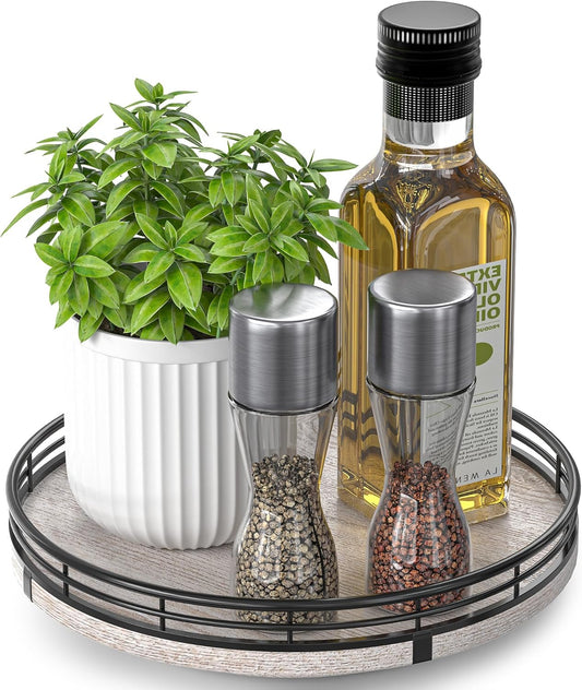 9" Wooden Lazy Susan Organizer for Cabinet, Turntable Round Decorative Tray for Kitchen Sink, Countertop Organizer, Bathroom Counter Organizer for Skincare Makeup, Rustic White