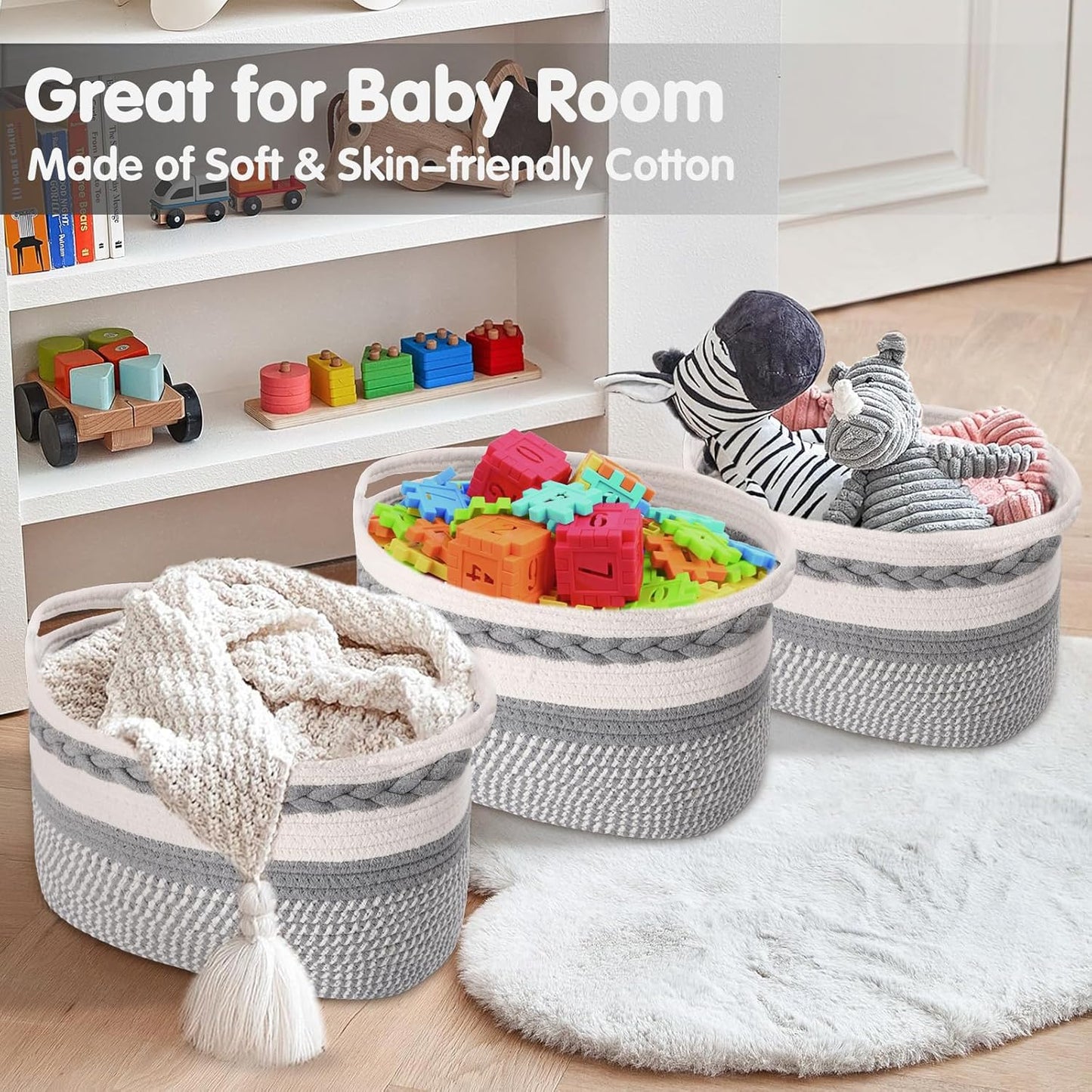 Woven Storage Basket, 3 Pack Grey Rope Basket for Shelves, HandWoven Cotton Rope Basket with Built-in Handles and Labels for Bathroom, Bedroom, Laundry, Pantry, Shelves