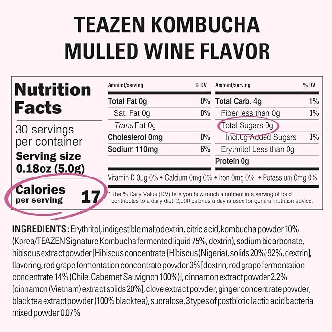 TEAZEN Mulled Wine Kombucha Tea, Live Probiotics & Postbiotics, Relaxation and Warmth for Colds and Sore Throat, Electrolyte & Hydration Drink Mix, Sugar Free, 30 Sticks, 5.29oz
