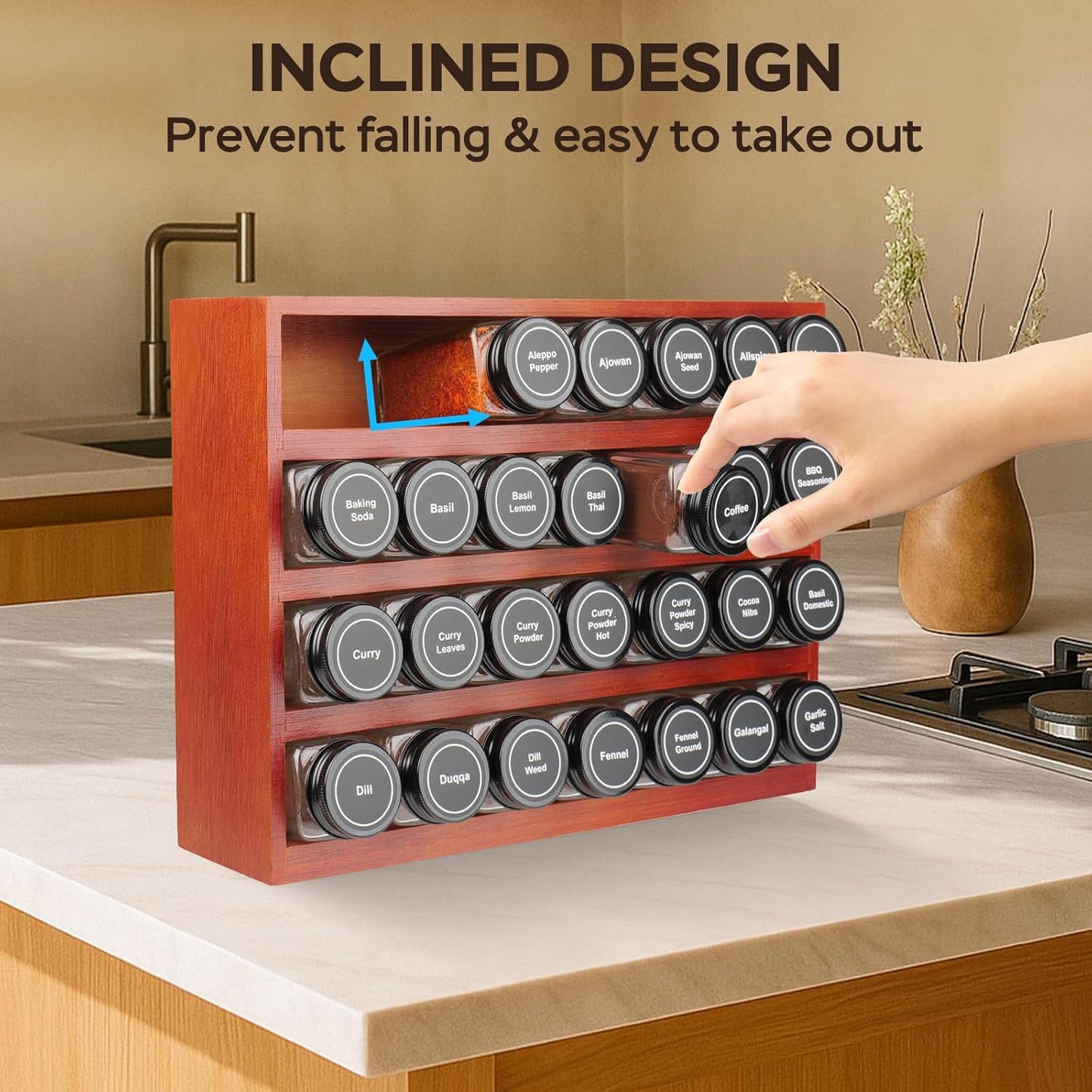 Bamboo Spice Rack Organizer with 28 Spice Jars, 780 Labels, 4 Tier Wood Hanging Shelf, Chalk Marker and Funnel Set for Drawer Cabinet Kitchen Countertop Wall Mount, Empty 4 oz Glass Jars-Cherry Stain