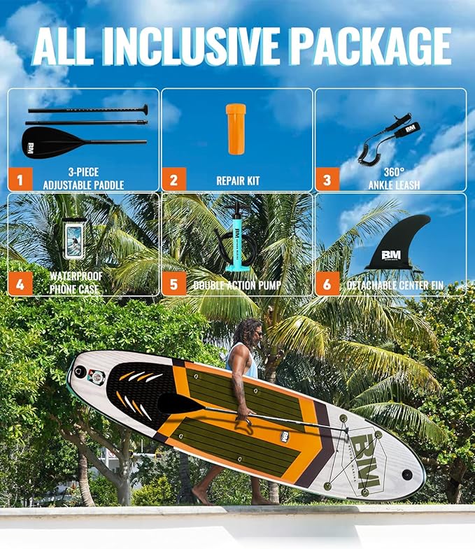 BM Paddle Board Inflatable Stand Up Paddle Board, SUP Paddleboard for Adult, Premium Accessories | Non-Slip EVA Deck & Foam Handles, Camera Mount, Double Action Pump, 85L Travel Backpack