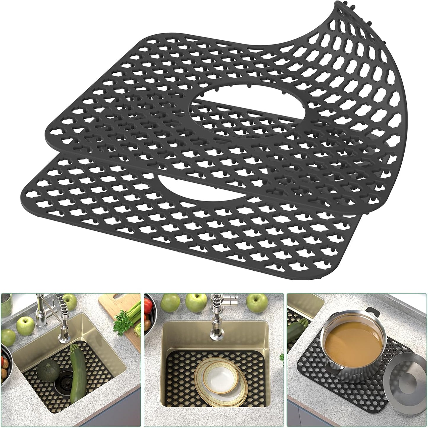TOOVEM Kitchen Sink Mats, 2PCS Non-Slip Heat Resistant Silicone Sink Protector Mat, Folding Farmhouse Sink Mats, Center Drain, Black