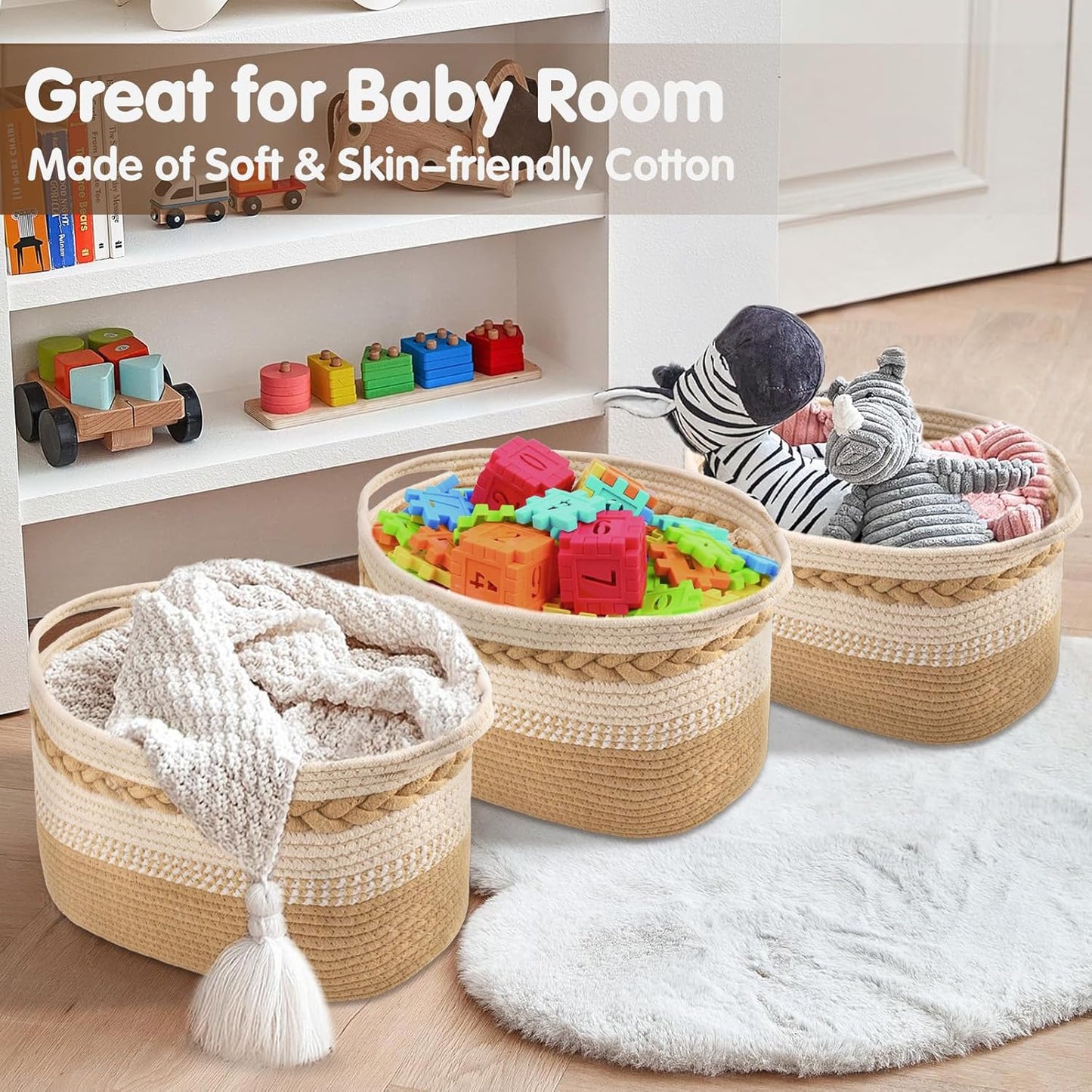 Woven Storage Basket, 3 Pack Beige Rope Basket for Shelves, HandWoven Cotton Rope Basket with Built-in Handles and Labels for Bathroom, Bedroom, Laundry, Pantry, Shelves
