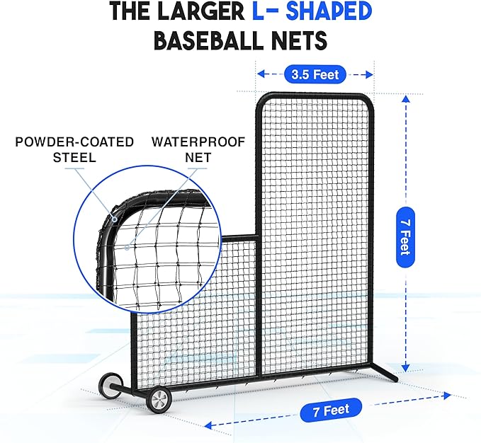 Yes4All Portable L-Screen Baseball 7x7ft with 2 Baseballs, Rubber Wheels - L Screen Baseball for Batting Cage, Protective Pitching Screen Net Double Layers, Carry Bag Included