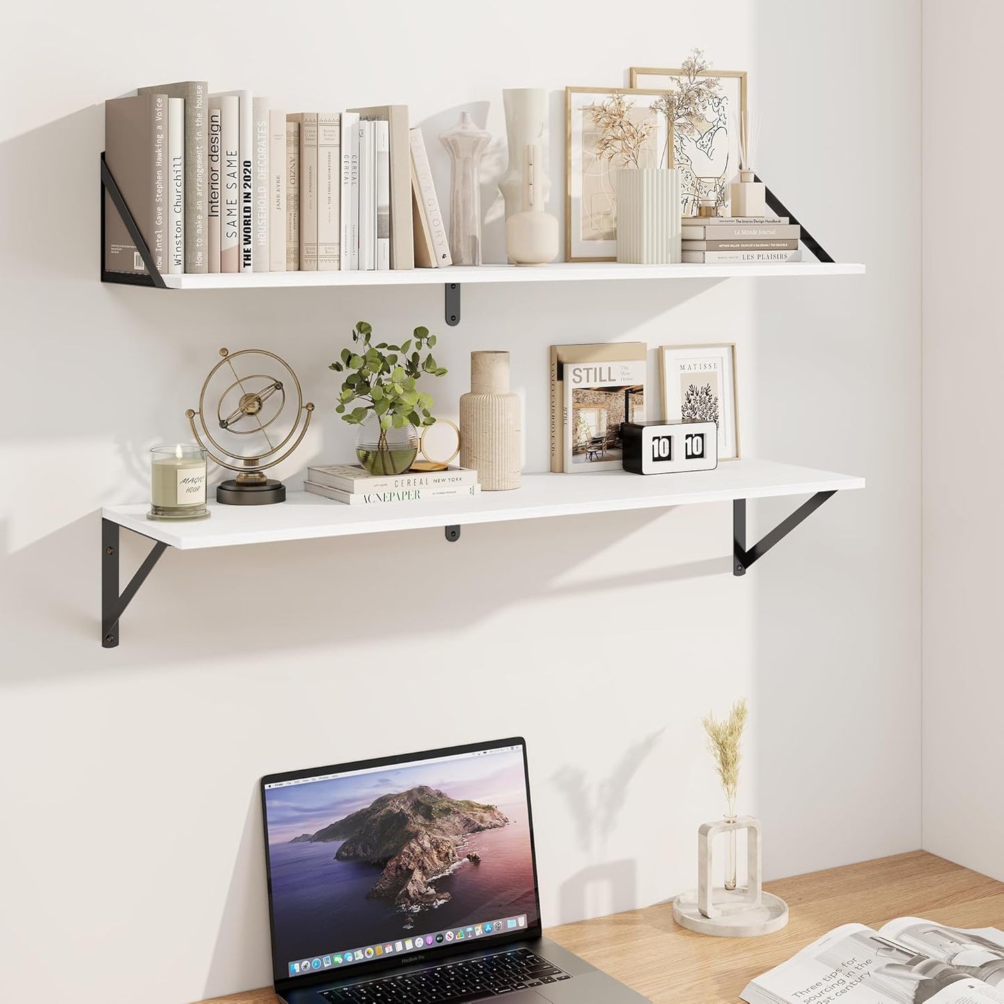 Heimlove White Deep Floating Shelves for Wall, 36W x 8D Wood Wall Shelves Set of 2, Wide Floating Bookshelf for Living Room, Kitchen, Office, Bedroom and Decor Storage, with Black Bracket - White