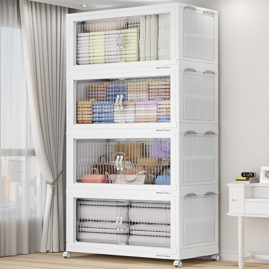 800Qt Extra Large Stackable Storage Bins with Lid, Closet Organizer Collapsible Drawer Boxes with Wheels, Folding Plastic Cabinet Containers for Home Kitchen Room Organization, 4Pack White