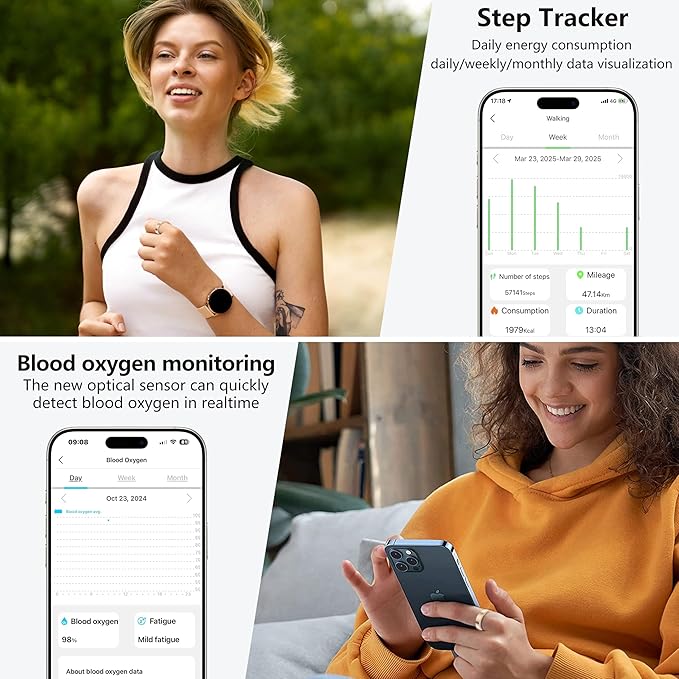 Thin Smart Ring for Fitness & Health Tracking -Pedometer,Sleep/Heart Rate/Blood Oxygen Monitor, Gesture Control / 5ATM Waterproof -No APP Subscription Compatible with Android& iOS (Rose Gold, 7)