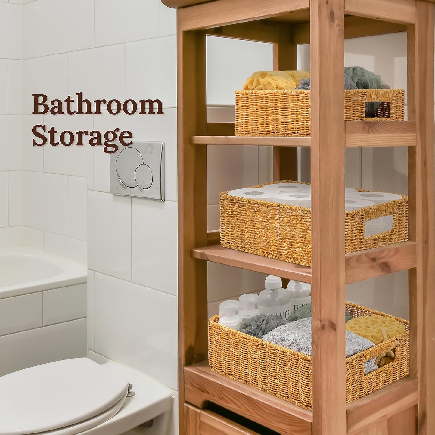 Baskets for Organizing, Undershelf Wicker Storage, Hand Woven Organizer for Closet Organization, Rectangular, Set of 3, Amber