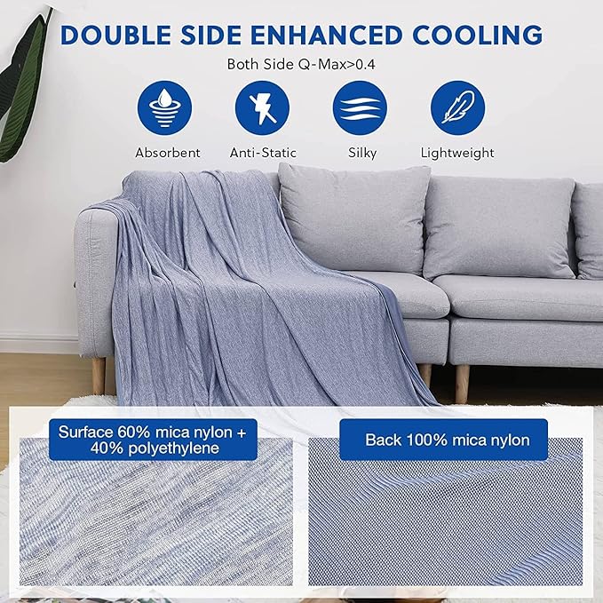 HOMFINE Cooling Blankets for Hot Sleepers - Summer Blanket Thin Lightweight Breathable Soft Double Side Enhanced Cooling for Bed Couch Sofa, Keep Cool for Night Sweats (Blue, 90 x 90 inches)