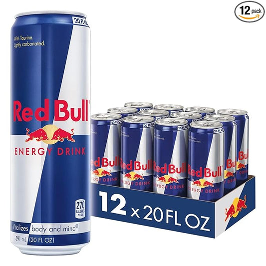 Red Bull Energy Drink with 189mg Caffeine plus Taurine & B Vitamins, 20 Fl Oz, Pack of 12 Cans