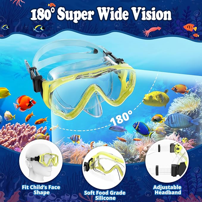 U PHITNIS Kids Snorkel Set for Age 4-14 - Dry Top Snorkeling Gear for Kids Junior & Youth - Childs Diving Mask with Big Eyes for Boys Girls - Anti-Fog Snorkeling Mask and Snorkel Set