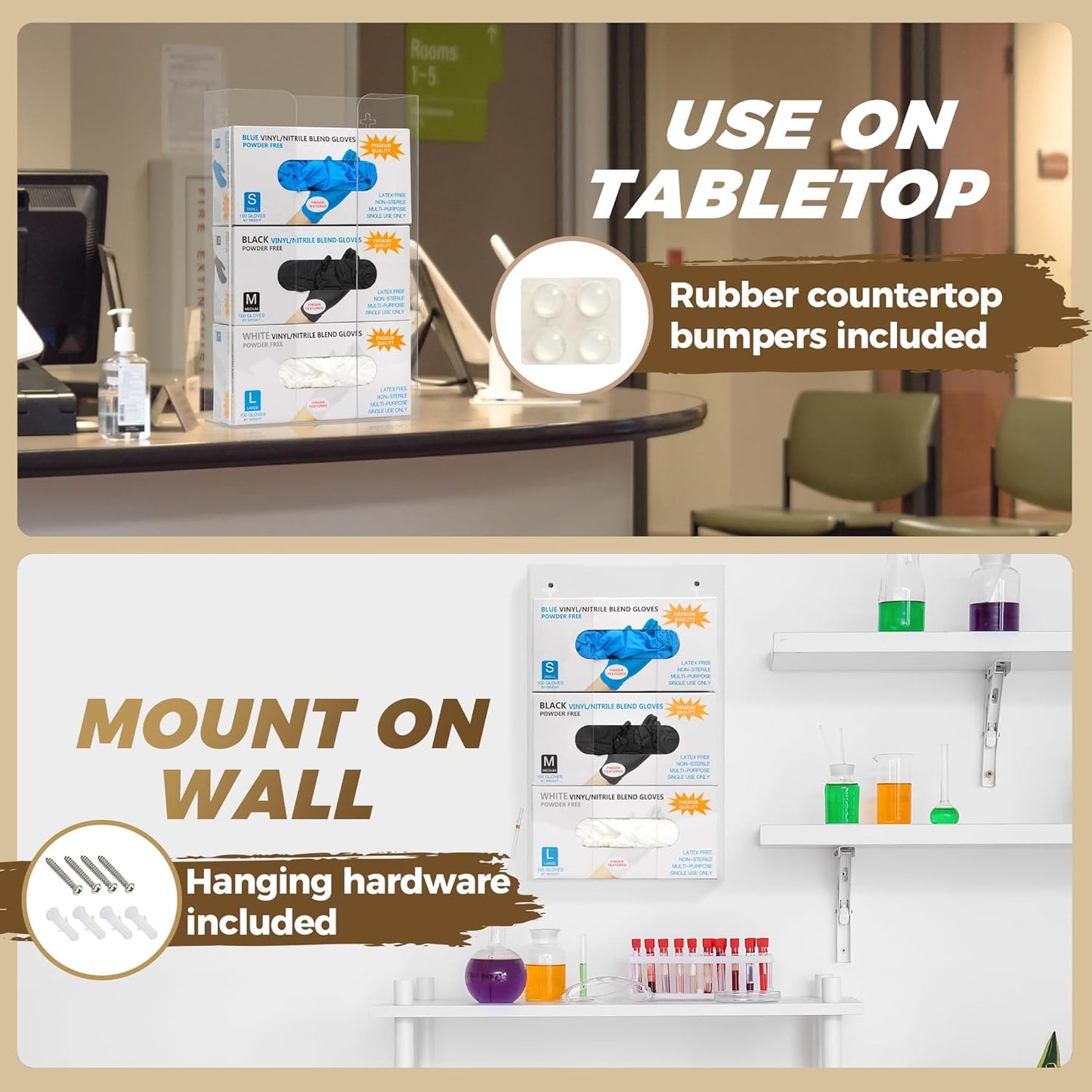 Storage Standard Triple Glove Box Holder Dispenser - Kitchen, Medical, & Latex Glove Holder Wall Mount or Countertop, Universal Fit - Thick Acrylic, Easy to Use, Slide, & Load Open Top Design - Clear