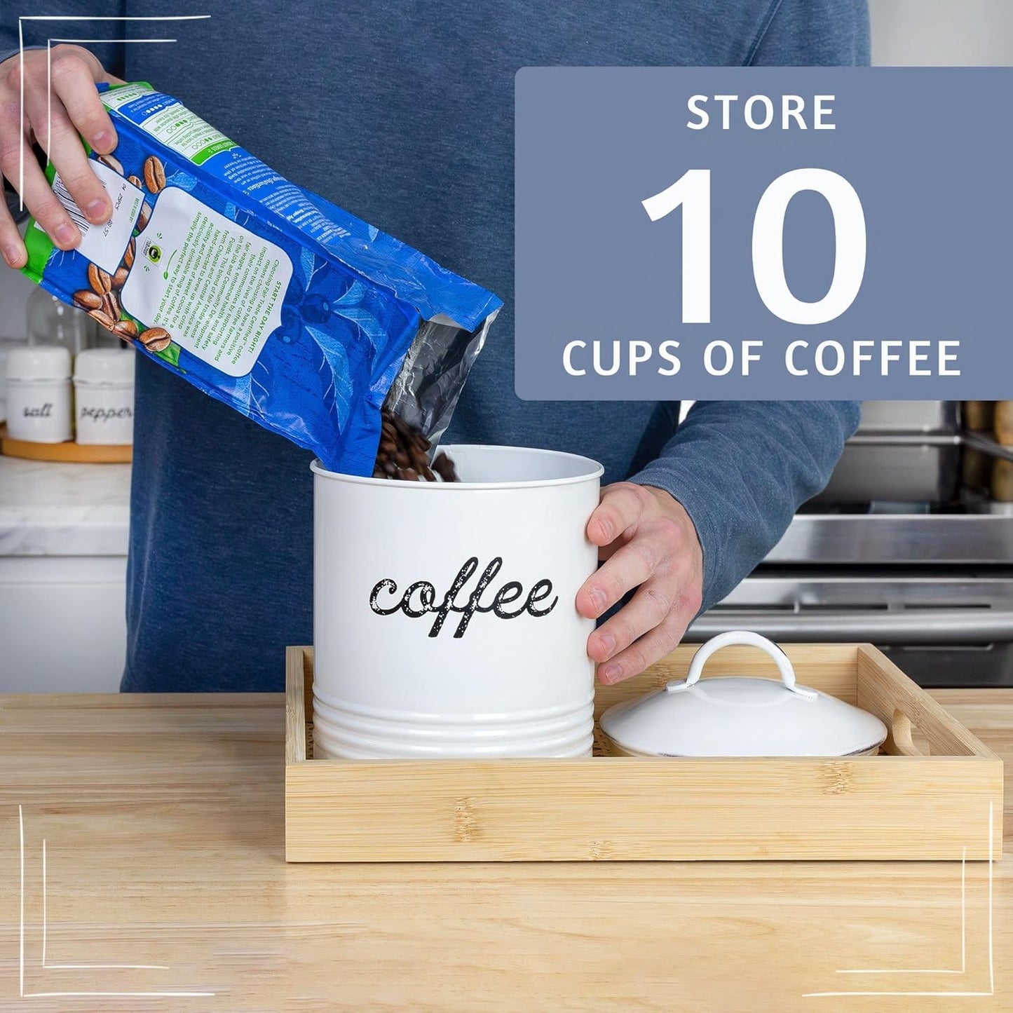 AuldHome Design Enamelware White Coffee Canister; Rustic Distressed Style Tea Storage for Kitchen