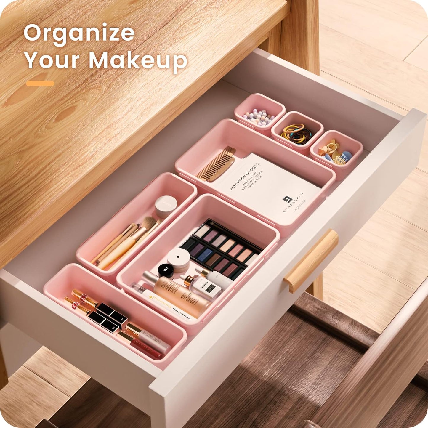 【𝟮𝟮𝗣𝗖𝗦】A-LUGEI Plastic Pink Desk Drawer Organizer, Bathroom Organizers and Storage, Makeup Organizer, Organization and Storage Bin Container for Vanity Office Utensils Gadget Tool Pantry Cosmetic