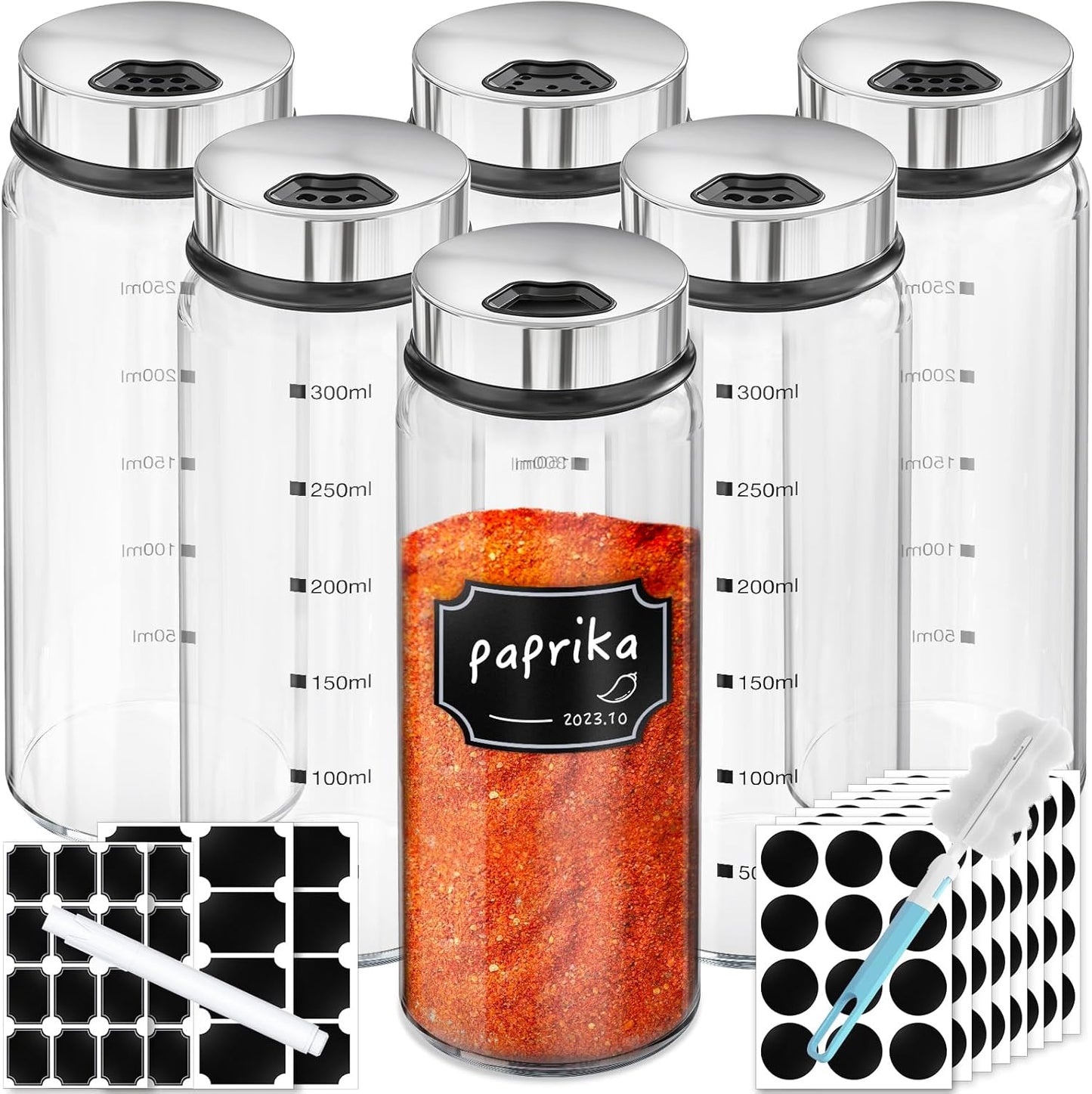 Segarty Spice Jar with Labels Set, 6 Pack 10oz Large Spice Jars with Shaker Lids, Empty Glass Spices Bottles for Salt Pepper Sugar, Seasoning Shakers with 136 Stickers, 1 Chalk Marker and 1 Brush