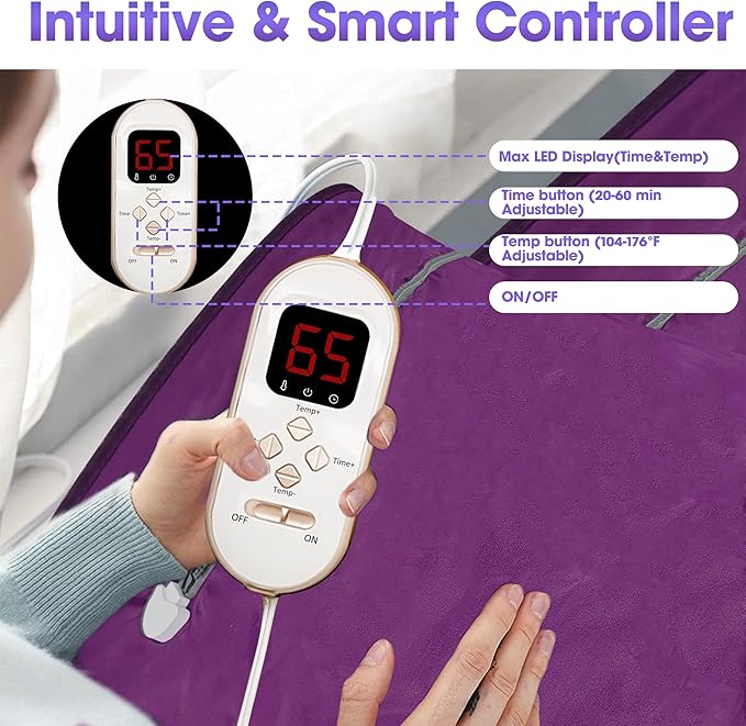 Natural Jade and Tourmaline Heat Far Infrared Sauna Blanket with Remote Control for Exercise Recovery Heating Detox 2-Zone Double Zipper Digital Display Portable Saunas for Home Relaxation