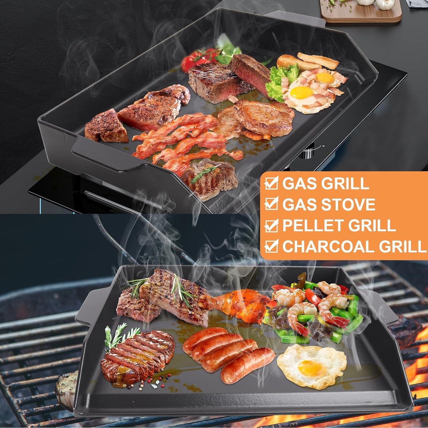 Universal Cast Iron Flat Top Griddle for Gas/Stove/Electric/Charcoal Grill,23" X 16 BBQ Griddle Insert for Weber Camp Chef Nexgrill StoveTop Griddle,Tailgating Nonstick Coating Cooking Skillet Pan,1PC