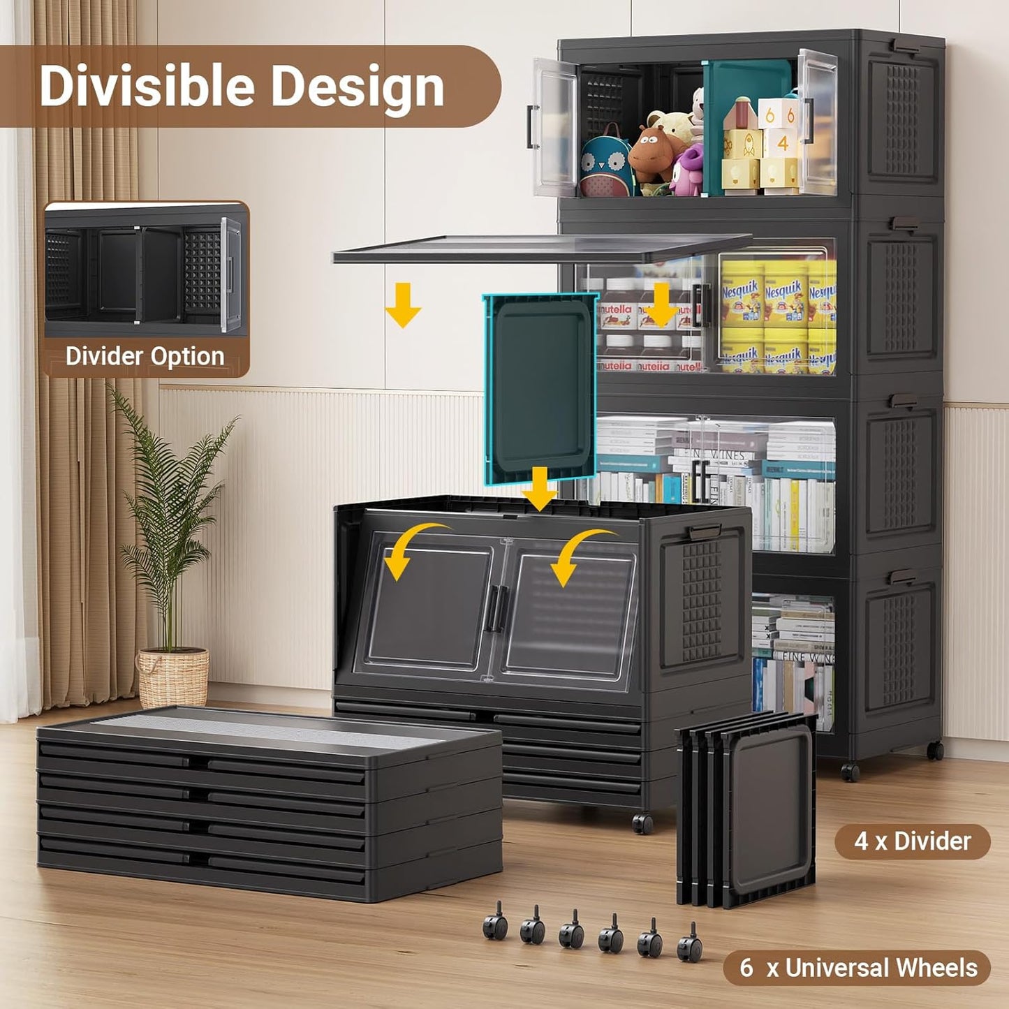 52.7"H 150Gal Plastic Storage Bins with Lid & Wheels,3Pack Extra Large Stackable Storage Bins with Dividers,Closet Organizers and Storage Cabinet Shelves Collapsible Box for Home Kitchen,Black