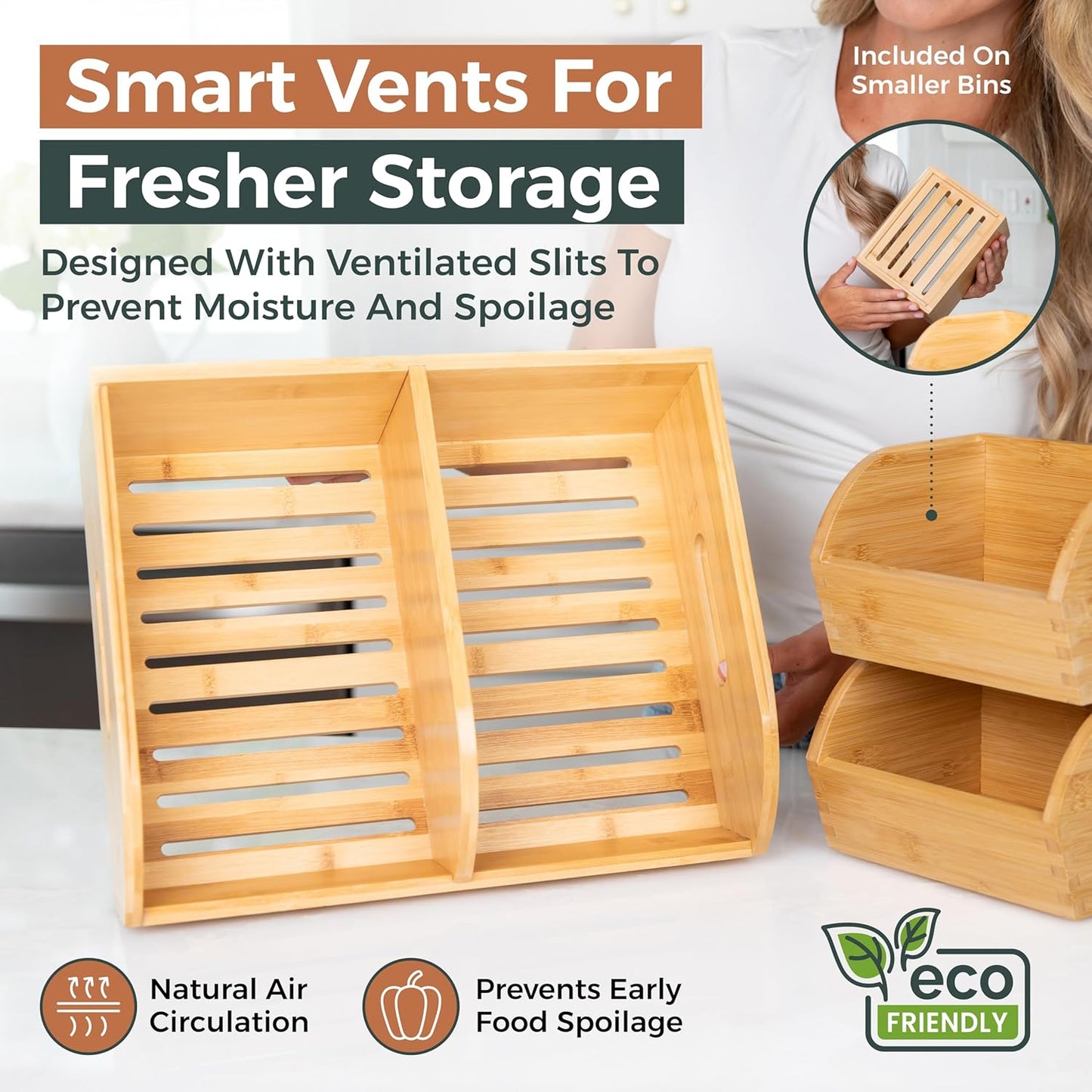 Potato and Onion Storage Bin for Pantry and Kitchen Counter - Ventilated Stackable Bamboo Organizer Baskets with Handles - Multipurpose Organization Containers for Fruit, Vegetable, Pantry - 3 Pack