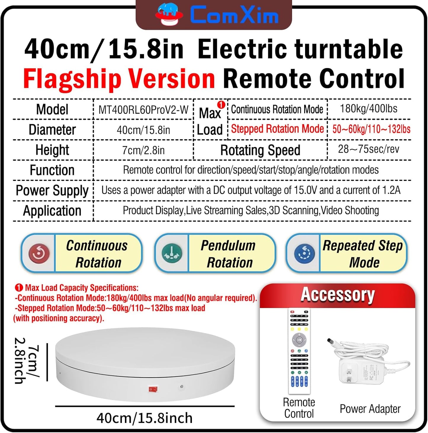 15.8In Remote Motorized Electric Turntable Rotating Display Stand Rotating Platform Photography Turntable motorized lazy susan base giratoria para for Photography,3D Scanner,(Load Range:132~400lbs)